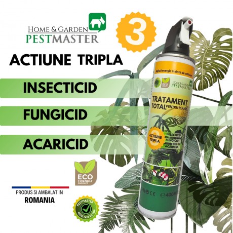 Pestmaster Spray actiune tripla, tratament total pentru plante: Insecticid, Fungicid, Acaricid, 400ml.