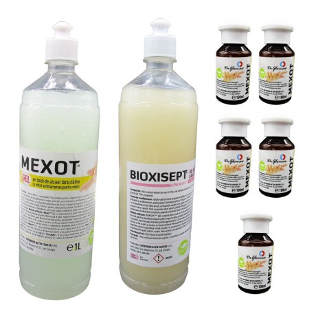 Pachet geluri dezinfectante, pentru maini, Mexot/Bioxisept 1l si 5 Geluri Igienizante Mexot 100ml