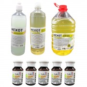 Pachet solutii dezinfectante, Mexot - Gel cu alcool  1L+5 buc. 100ml, Mexot - Solutie Concentrata pentru Suprafete, 1L+5L