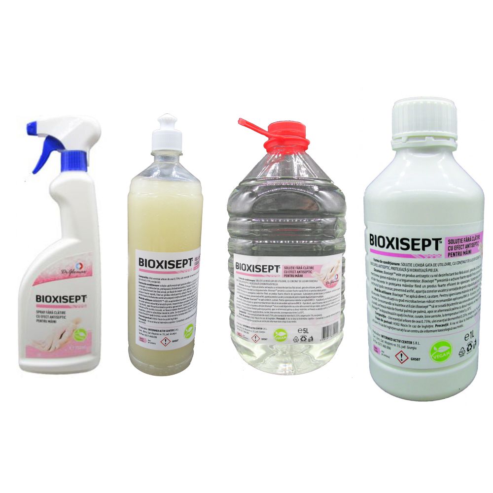 Pachet antiseptic, Bioxisept Gel Dezinfectant pentru maini 1l, Bioxisept dezinfectant pentru maini, fara clatire spray 750ml, 1l si 5L(pet)