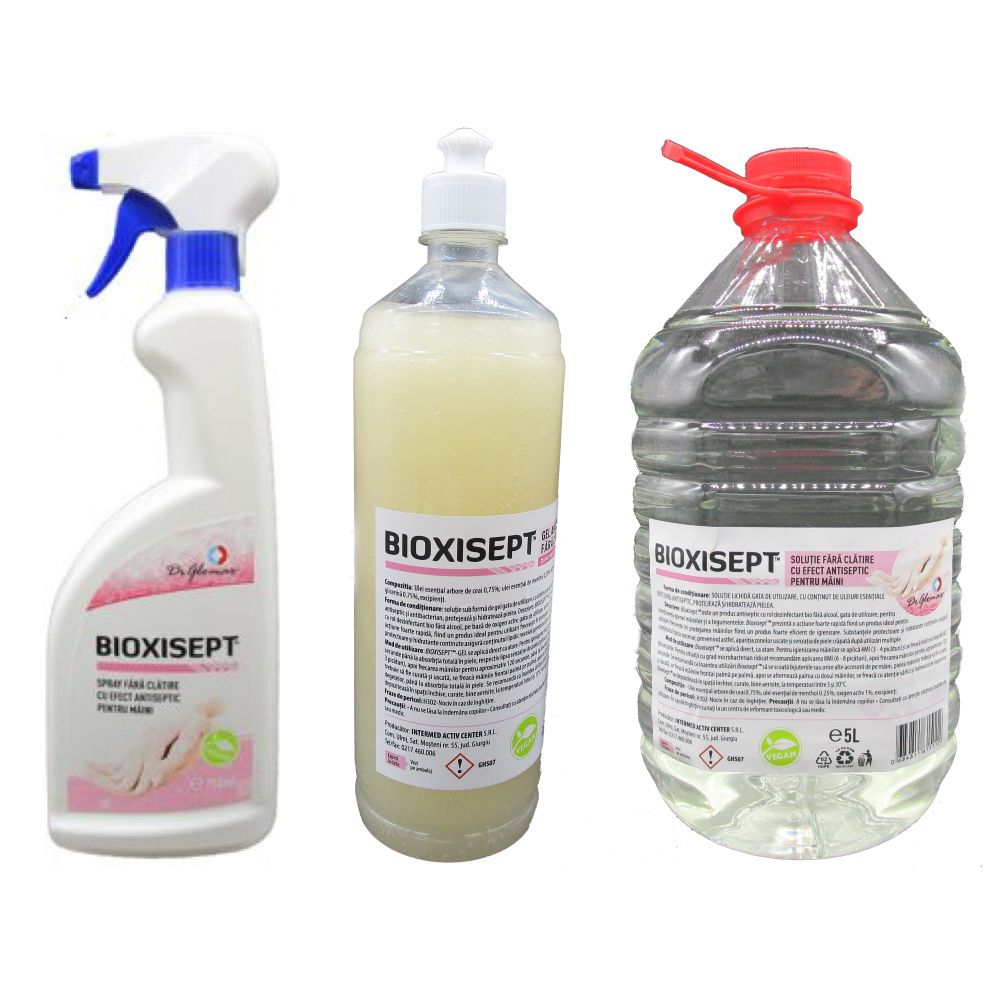 Pachet antiseptic, Bioxisept Gel Dezinfectant pentru maini 1l, Bioxisept dezinfectant pentru maini, fara clatire 750ml si 5L(pet)