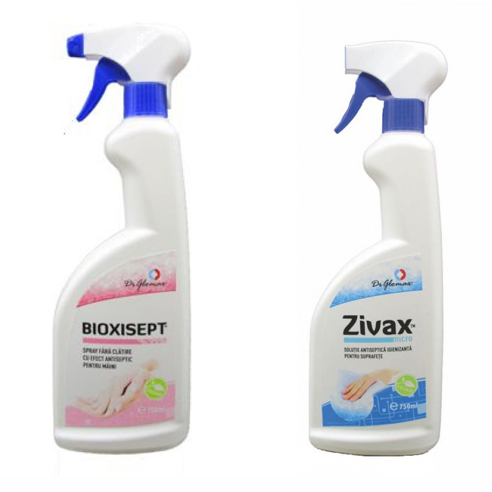 Pachet solutii antiseptice pentru igienizarea mainilor si a suprafetelor; Bioxisept spray la 750ml si Zivax spray la 750ml