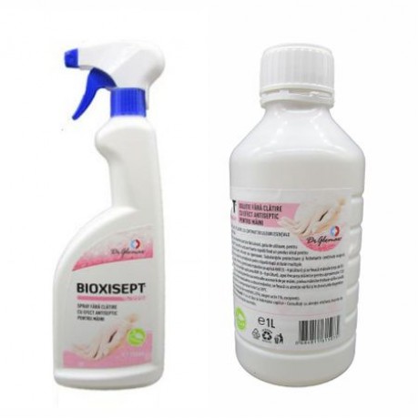 Pachet solutii antiseptice pentru igienizarea mainilor, Bioxisept spray 750ml si rezerva 1L