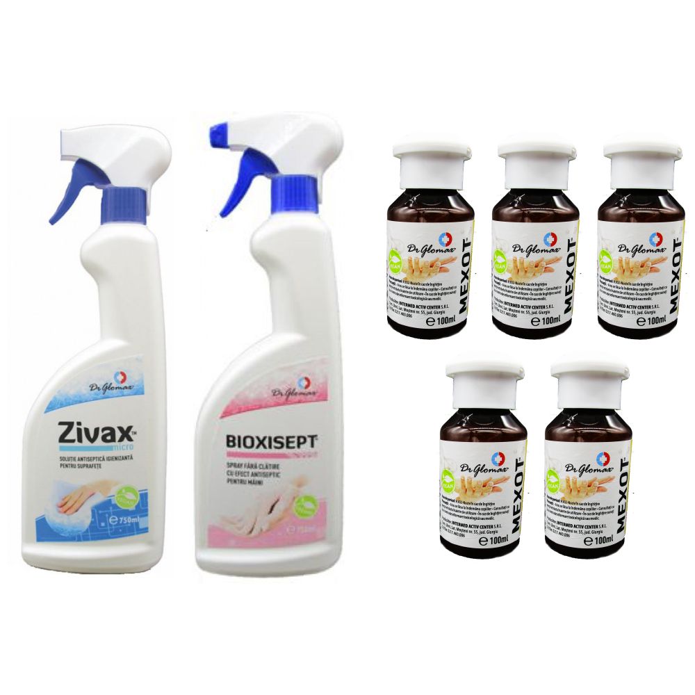 Pachet pentru dezinfectia mainilor si a suprafetelor, cu spray Bioxisept 750ml, Zivax 750ml si 5 geluri igienizante 100ml