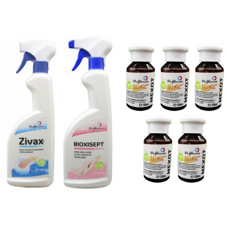 Pachet pentru dezinfectia mainilor si a suprafetelor, cu spray Bioxisept 750ml, Zivax 750ml si 5 geluri igienizante 100ml