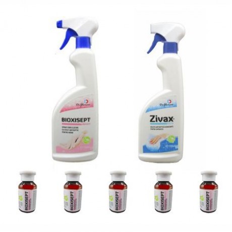 Pachet solutii antiseptice, cu rol dezinfectant - Bioxisept spray maini 750ml, Zivax spray suprafete 750ml, 5 geluri de maini 100ml