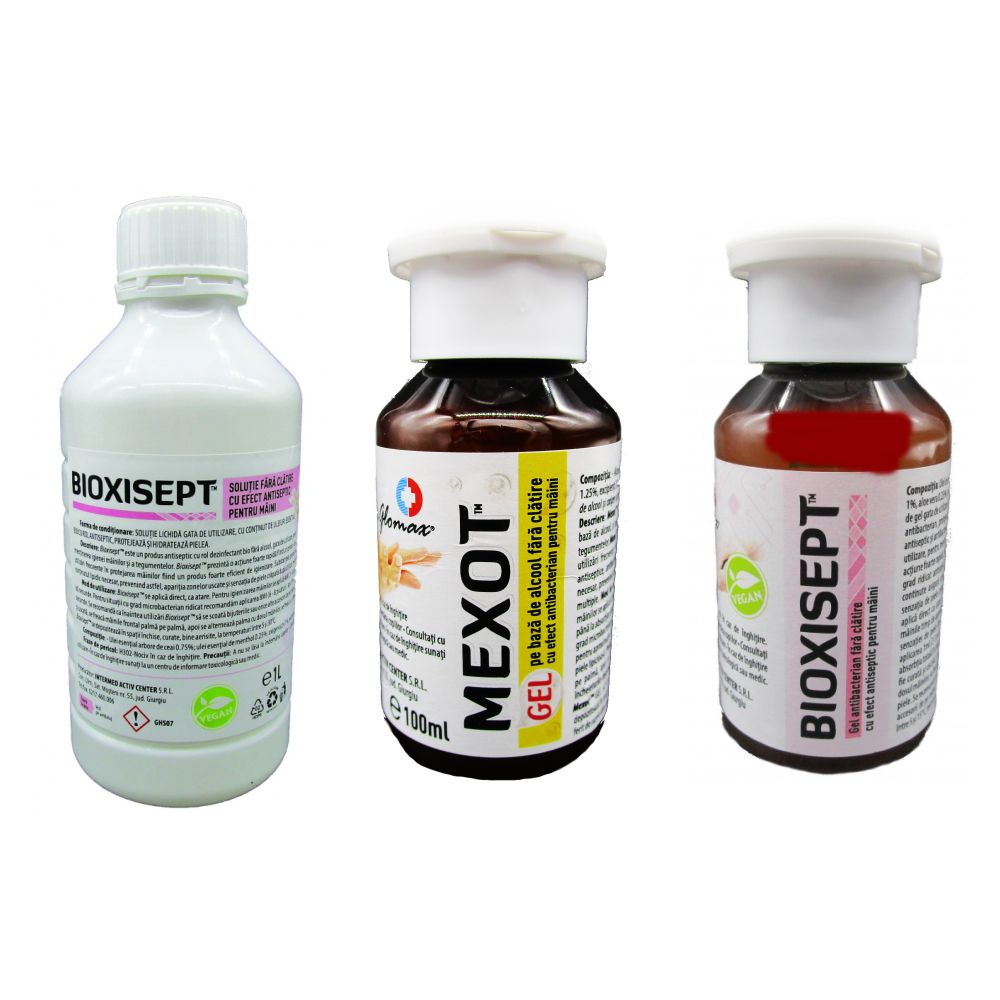 Pachet solutii dezinfectante, solutie bio maini Bioxisept, 1L, gel Bioxisept 100ml si gel maini cu alcool Mexot, 100ml