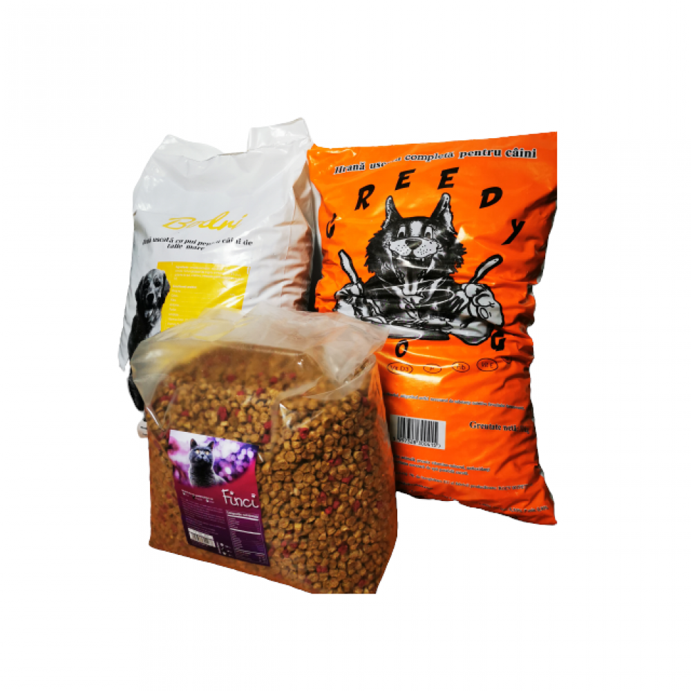 Set format din 1 sac hrana catei de la Greedy, 10 kg, 1 sac hrana catei de la Bodri, 10 kg  si 1 sac hrana pisici Finci, 5 kg