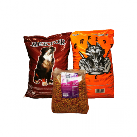 Set format din hrana pentru catei de la Greedy 10 kg si Hector 10 kg plus hrana pentru pisici de la Finci 3 kg