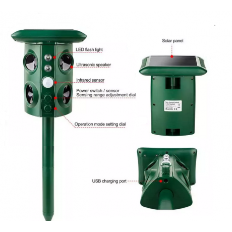Dispozitiv solar cu senzor PIR, emite ultrasunete si vibratii, impotriva daunatorilor (serpi, vulpi, arici, mistreti, lilieci etc.)