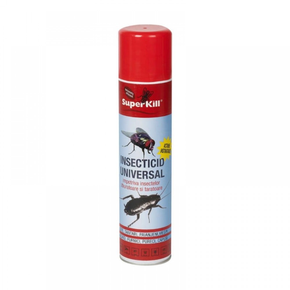 Spray Insecticid Universal SuperKill impotriva insectelor zburatoare si taratoare( muste, tantari, paianjeni, viespi, gandaci, furnici, purici, capuse) 400ml