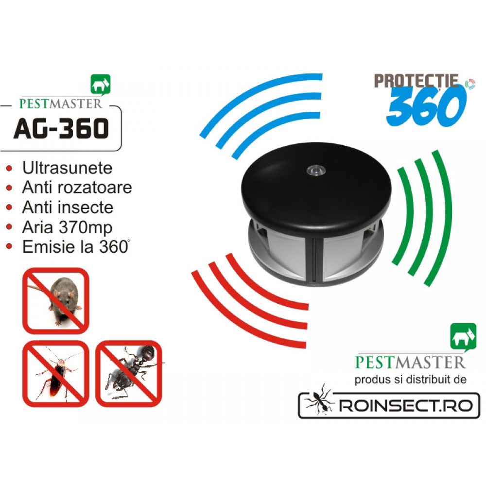  Pestmaster AG 360-aparat cu ultrasunete impotriva rozatoarelor si gandacilor. Acoperire 370 mp