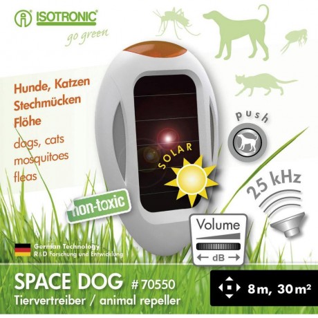 Aparat portabil cu ultrasunete si alimentare solara anti caini pisici tantari si purici SpaceDog 70550 8m exterior, 30mp interior